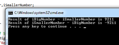 Output of C++ Sample Project to Substract Numbers